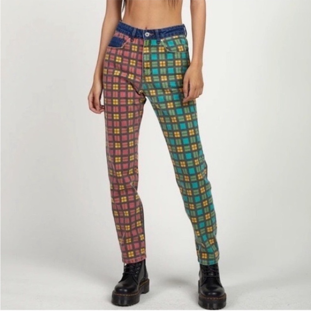 Ragged Priest x Free People plaid jeans red yellow blue green color block mom